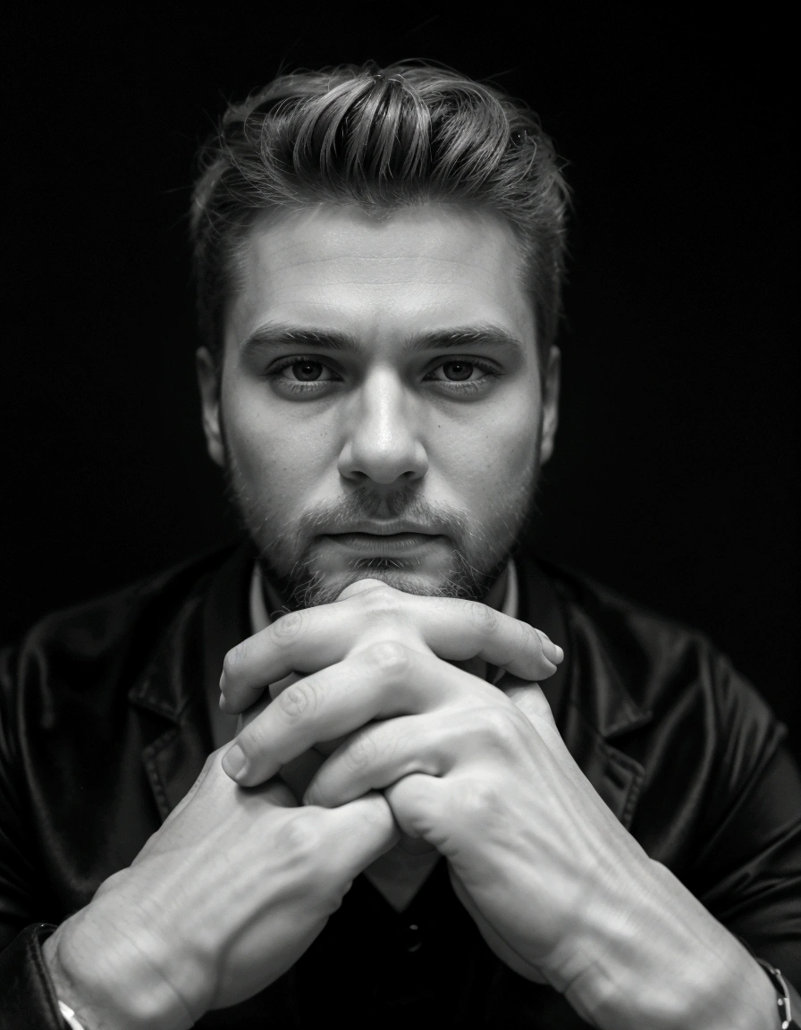 Man with blond beard and luxury watch sitting at the table, frank moth, fechar Portrait photo, portrait black and white, retrato em close - up, Portrait photo, innblásinn af Ásgrími Jónssyni, Rankin, by Andrei Kolkoutine, stocky, filmed with a sony alpha 1 camera, Man sad, close up of face portrait