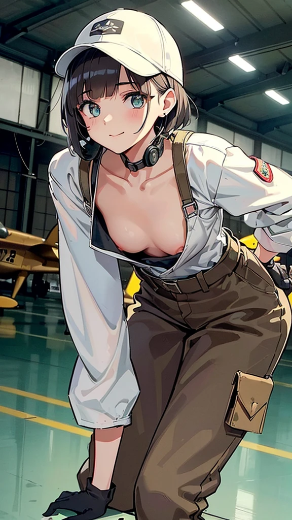 highest quality,  Insanely Real, Very delicate and beautiful, Ultra-high resolution, (A very cute female aircraft mechanic, alone), wide々Inside the aircraft hangar, A World War II-era monoplane fighter can be seen in the background...., Aircraft parts scattered on the floor, Maintenance Tools, She is in charge of aircraft maintenance...., (Wearing a long-sleeved mechanic coverall with a military camouflage pattern, baggy：１．２), (Wear heavy duty mechanic gloves), (Wear a headset), Her hair will be tied up later, Very professional mechanics, Mysterious Smile, ((Very beautiful eyes and face)), (Amazingly beautiful, Natural skin texture), Accurate Eyes, Accurate needle, Overall well-balanced body, ((15-year-old girl, Very short hair:1.3, Cute type, slim, The body is slim:1.3, Baseball cap), (Leaning forward, down blouse:1.5), 