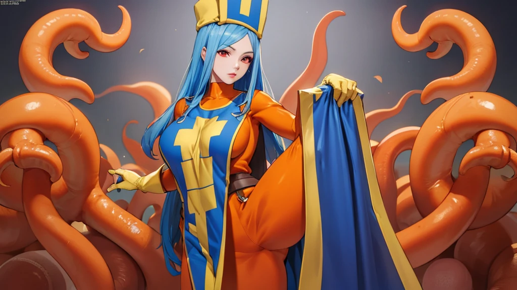 masterpiece,Highest quality, Unreal Engine, Super Resolution, Very detailed,
1 Girl, Waist, thin, (Muscular:0.8)
Round Breasts, Big Breasts, Bold,  Part your lips, Observe the audience,
Are standing, sexy pose
Waist shot,Tentacles entangled in chest,Spread your legs,
, Key Visual,
 Light blue hair, Red eyes, Long-haired monk \(dq3\)
,,Tabard Elbow Gloves((Spread your legs上げる:1.3)),(Cameltoe:1.5)、(See-through panties:1.2)