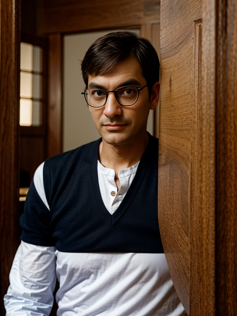 Ultra realistic photo of homen, Nerd with glasses, mister bean.
