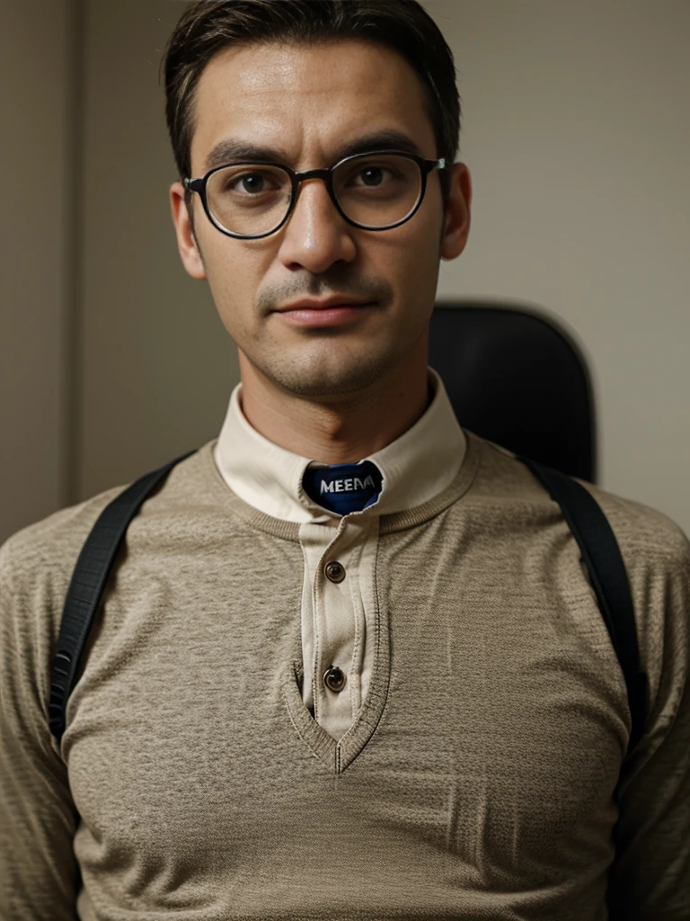 Ultra realistic photo of homen, Nerd with glasses, mister bean.