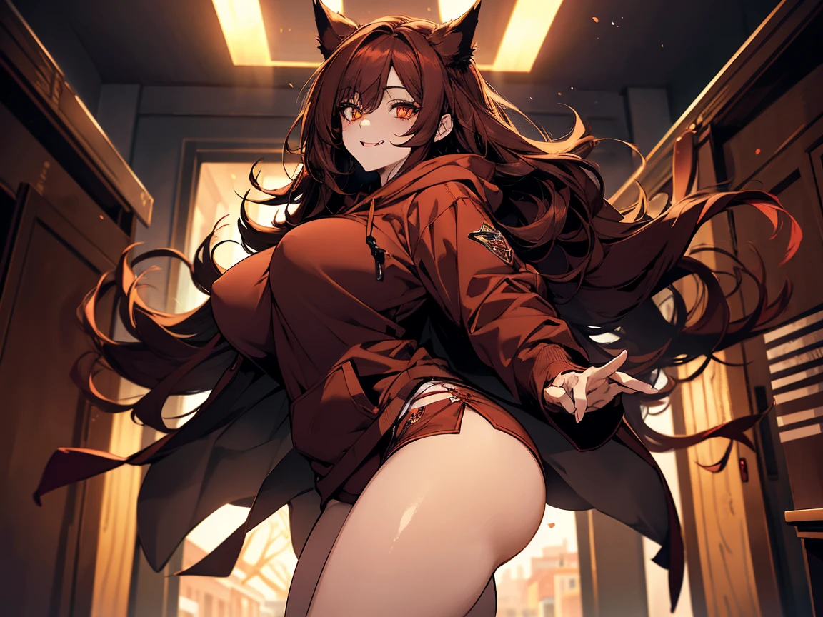 1 female, teacher, wearing dark red hoodie, brown bootyshorts, Thicc, dark red hair, long hair, dark red fox ears, yellow glowing eyes, face to detail, detailed eyes, the background is a dark closet, showing her fangs,  big tits and perfect vagina full of semen, seductive pose sticking out tongue