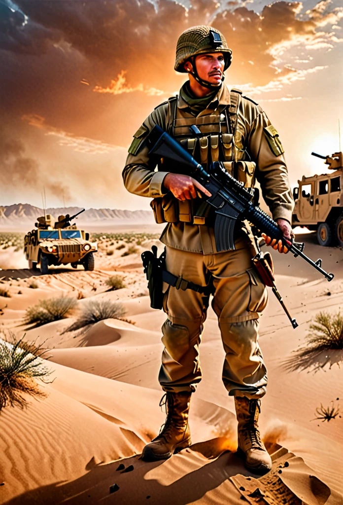 ((Main masterpiece at maximum resolution of 32K, hyper-realistic style, sharp details, perfect texture)). | A soldier, known as Piveta, is on a desert battlefield, dressed in full desert camouflage and military clothing. He holds a rifle firmly, his eyes focused and determined, ready for any confrontation. His facial expression shows concentration and determination, reflecting the intensity of the situation. | The surrounding scenario is composed of sand dunes and scarce vegetation, with wreckage of military vehicles and partially destroyed structures in the background. The dramatic lighting of the sunset creates elongated shadows and a sharp contrast, highlighting the details of the soldier's clothes and equipment. | The composition of the image is made from a slightly low angle, giving a feeling of imposingness to the soldier. The perspective emphasizes the greatness of the environment and the loneliness of the soldier in the midst of the vastness of the desert. | Elements of war photography are evident, with subtle grain and a realistic color palette that varies between shades of brown, yellow and orange. The rifle and military equipment have intricate details, such as scratches, dust and wear, which add authenticity to the scene. | The depth of field is carefully controlled, with the soldier in sharp focus and the background slightly blurred, creating a visual effect that highlights the main figure while suggesting the vastness of the battlefield. | The image captures the essence of a war game photograph, with a level of realism that makes the viewer feel the tension and adrenaline of the moment. The Piveta soldier is centered on the composition, symbolizing courage and resilience. | ((((((full body image)))), ((perfect pose, perfect anatomy, perfect body)), ((perfect composition, perfect design, perfect layout, perfect detail, ultra detailed, enhance details, correct imperfections):1.2), ((More Detail, Enhance))).