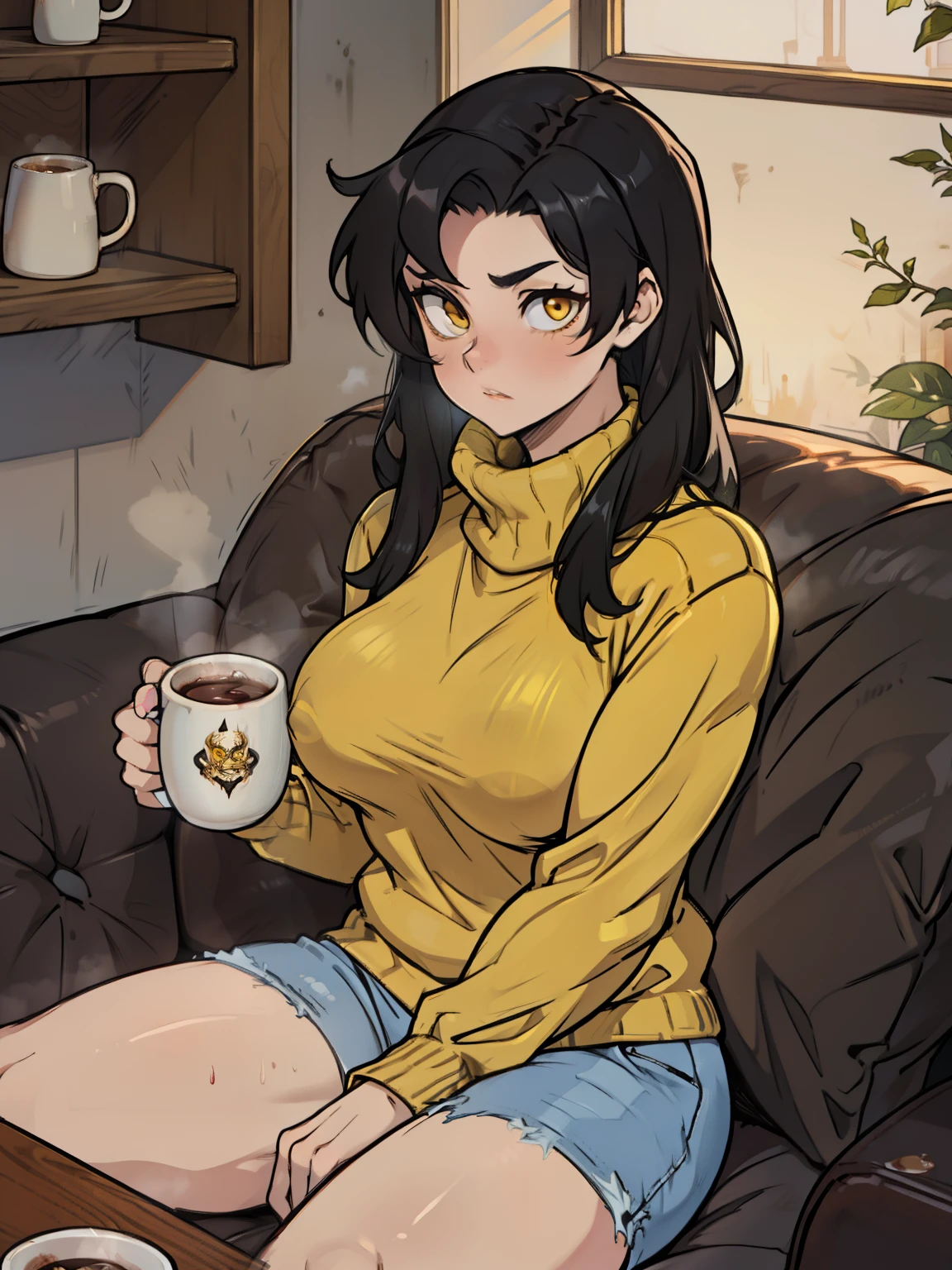 girl muscular girl breasts breasts breasts pale skin black hair yellow eyes baggy sweater (sitting on couch with a mug of hot cocoa)