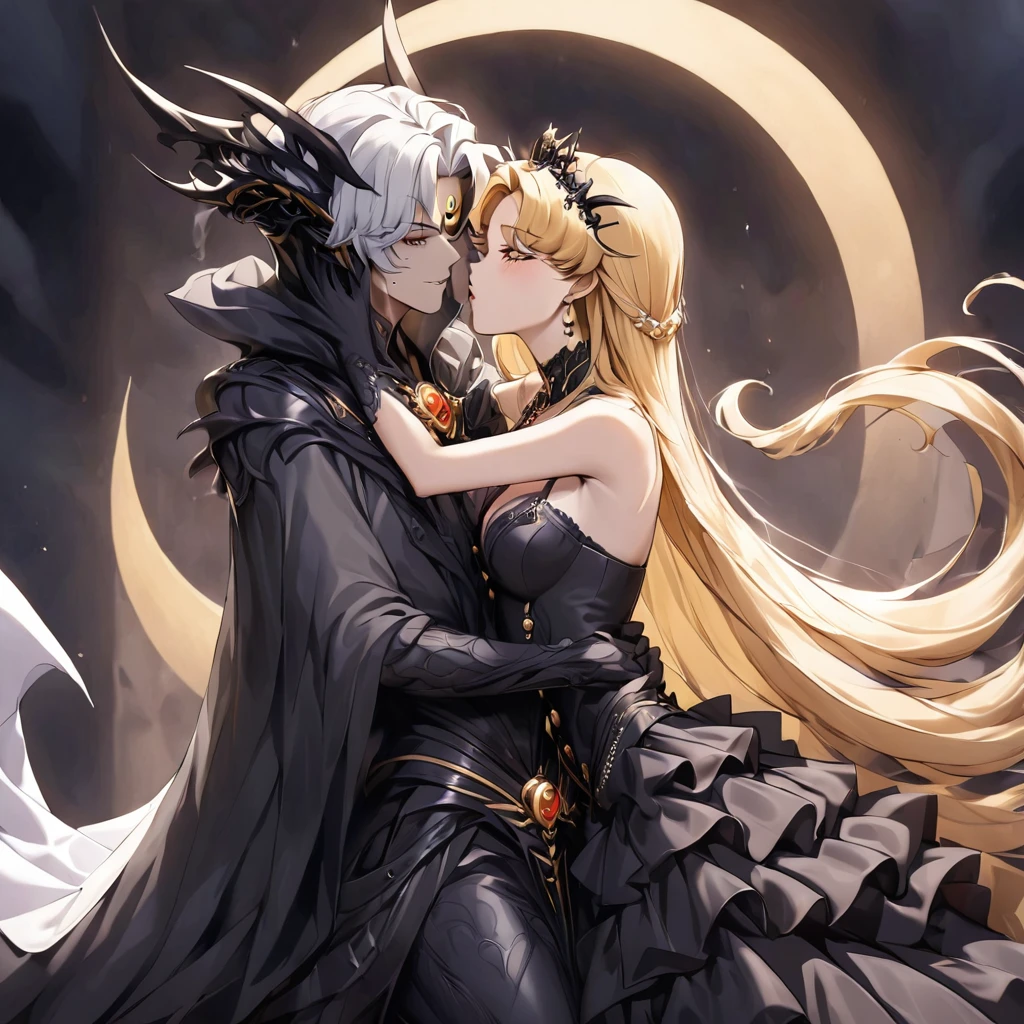 ((Highest quality)), ((masterpiece)), (detailed), (Perfect Face)、The woman is a dark queen with a black inverted crescent moon mark on her forehead, wearing a gorgeous, glittering black Gothic Victorian dress, a black veil, and a black see-through cape, as well as luxurious jeweled accessories.、The man is a majestic, evil and powerful demon king.、The Demon King of the Black Moon and the Dark Queen of the Black Moon in love、The woman is Black Serenity, the noble dark queen of the Black Moon clan and has blonde hair.2The woman with long hair tied up is Princess Serenity、The woman embraces the strong and evil demon king, kisses him, and gets married in the Black Moon Temple.、The woman is a dark queen with a black inverted crescent moon mark on her forehead, wearing a gorgeous, glittering black Gothic Victorian dress, a black veil, and a black see-through cape, as well as luxurious jeweled accessories.で幸せそうな表情の漆黒のプリンセスセレニティで恋する乙女の表情、A woman and a strong, evil demon king man are embracing the dark bride woman, kissing her vows and getting married.、The man is a strong and evil demon king, who embraces the woman, kisses her vows, and holds a wedding ceremony in the Temple of the Black Moon.、Men and women in love