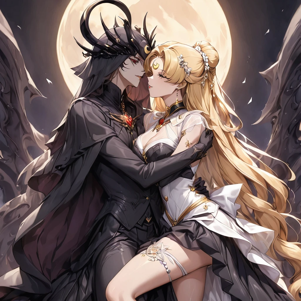 ((Highest quality)), ((masterpiece)), (detailed), （Perfect Face）、The woman is a dark queen with a black inverted crescent moon mark on her forehead, wearing a gorgeous, glittering black Gothic Victorian dress, a black veil, and a black see-through cape, as well as luxurious jeweled accessories.、The man is a majestic, evil and powerful demon king.、The Demon King of the Black Moon and the Dark Queen of the Black Moon in love、The woman is Black Serenity, the noble dark queen of the Black Moon clan and has blonde hair.２The woman with long hair tied up is Princess Serenity、The woman embraces the strong and evil demon king, kisses him, and gets married in the Black Moon Temple.、The woman is a dark queen with a black inverted crescent moon mark on her forehead, wearing a gorgeous, glittering black Gothic Victorian dress, a black veil, and a black see-through cape, as well as luxurious jeweled accessories.で幸せそうな表情の漆黒のプリンセスセレニティで恋する乙女の表情、A woman and a strong, evil demon king man are embracing the dark bride woman, kissing her vows and getting married.、The man is a strong and evil demon king, who embraces the woman, kisses her vows, and holds a wedding ceremony in the Temple of the Black Moon.、Men and women in love