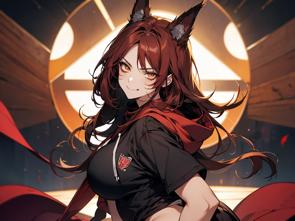 1 woman, teacher, dressed in dark red hoodie, bootyshorts marrones, Thicc, dark red hair, long hair, dark red fox ears, bright yellow eyes, face to detail, detailed eyes, the background is a dark closet, showing his fangs, annoyed, naked with big tits and perfect vagina full of semen, seductive pose sticking out the tongue