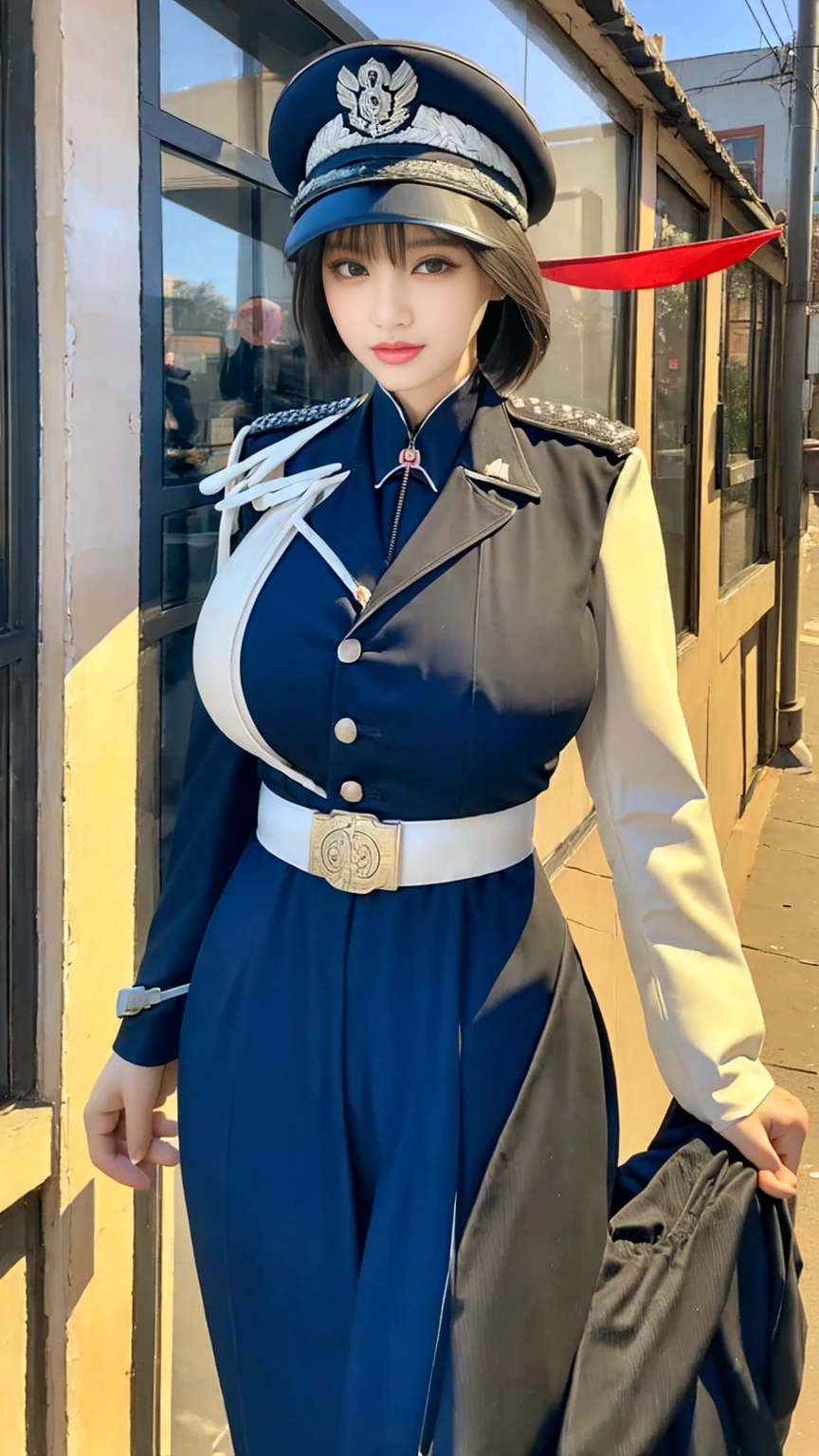 Sexy model china_qianqian, physically-based rendering, 1girl, Female soldier, (huge fake breasts:1.2), (street city), sexy muscular body, slim waist, big buttocks, walking, skintight army pants, (white military uniform).
