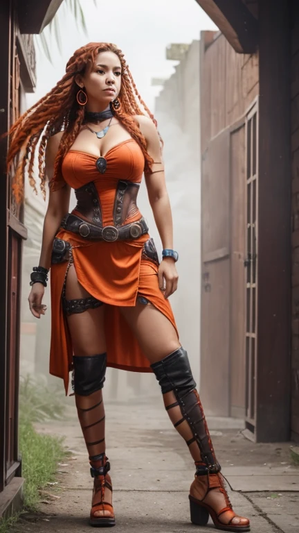a woman with red hair and piercings posing full body for a picture, orange braided hair, long, braided orange-red hair, bright red hair, bright orange hair, red complicated long braids, attractive facial features with freckles and beautiful eyes and long eyelashes and full lips , clothing a mix of steampunk and gypsy style, pose standing dancing full body, background of ultra detailed realistic photography is a wall of smoke, facial expression is aggressive, body type curvy with long legs, Woman stands frontally to the camera and can be clearly seen