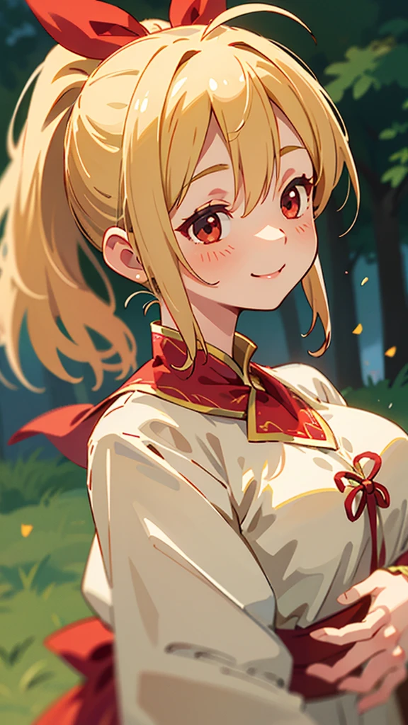 1 Girl、、Sharp focus、(Bokeh) (Highest quality) (Detailed skin:1.3) (Intricate details) (anime)、Blonde ponytail、Red ribbon、Ahoge、Big round red eyes、Upper body close-up、From the side、smile、smile、Park in the background、Soft lighting