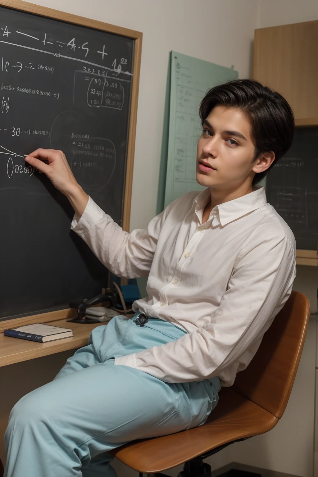 A beautiful, cute, male young man with a face with makeup and red cheeks and black hair, wearing a bright white long-sleeved shirt and aqua blue pants. He is in his scientific office, and behind him is a blackboard with mathematics written on it, including mathematical equations of differentiation and integration, and he is sitting at a desk in a chair.  There are scientific books in front of him and he looks proudly