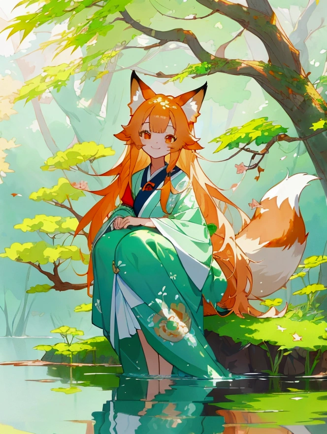 anime fox in the water with leaves on the ground, cute fox, cute detailed digital art, cute artwork, trending on artstation pixiv, pixiv contest winner, relaxing concept art, ethereal fox, cute digital art, cute forest creature, adorable digital painting, pixiv, cute detailed artwork, by Yang J, by Ryan Yee, serene smile, relaxing environment