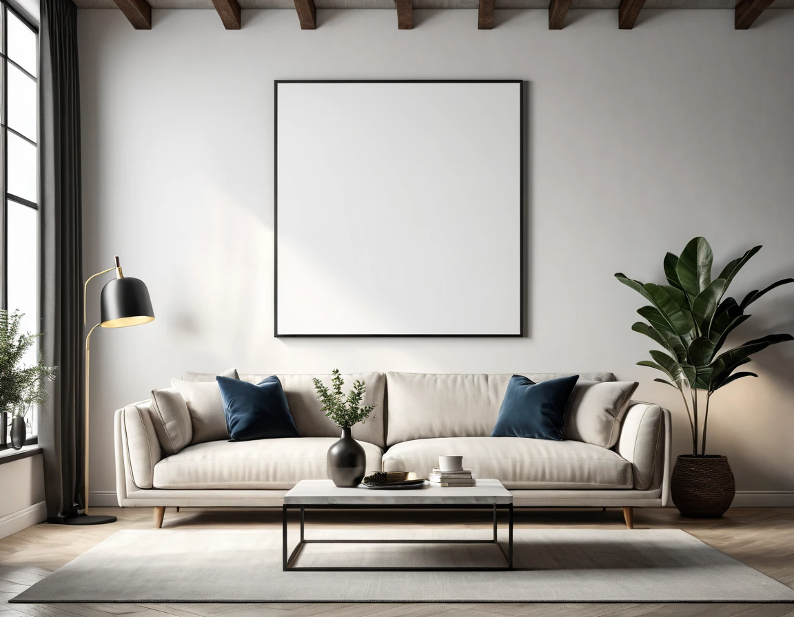 realistic photorealistic empty white canvas on top of modern sofa, detailed modern living room interior, professional photography, studio lighting, award winning, artistic, unique