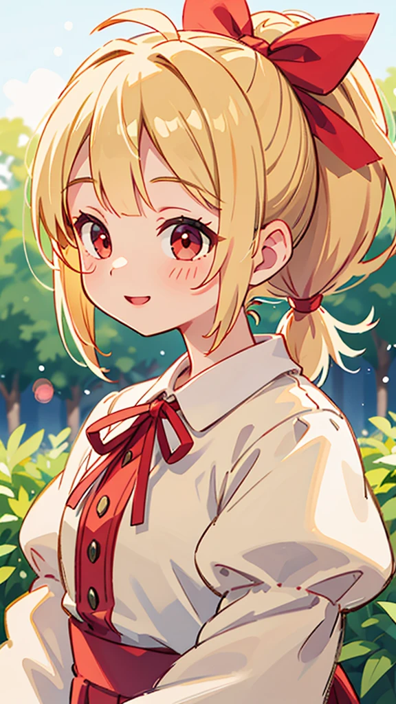1 Girl、、Sharp focus、(Bokeh) (Highest quality) (Detailed skin:1.3) (Intricate details) (anime)、Blonde ponytail、Red ribbon、Ahoge、Big round red eyes、Upper body close-up、From the side、smile、smile、Park in the background、Soft lighting