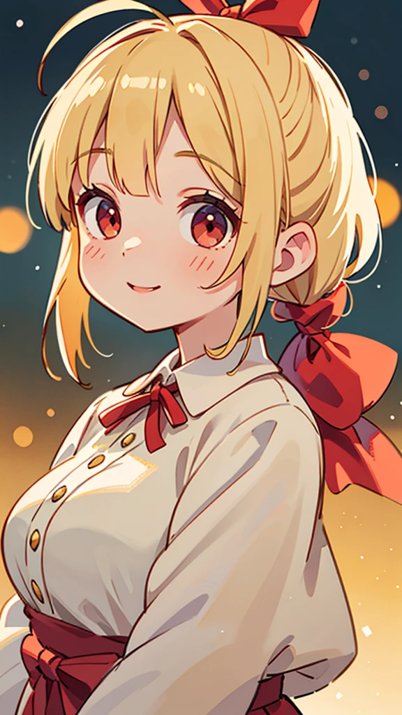 1 Girl、、Sharp focus、(Bokeh) (Highest quality) (Detailed skin:1.3) (Intricate details) (anime)、Blonde ponytail、Red ribbon、Ahoge、Big round red eyes、Upper body close-up、From the side、smile、smile、Park in the background、Soft lighting