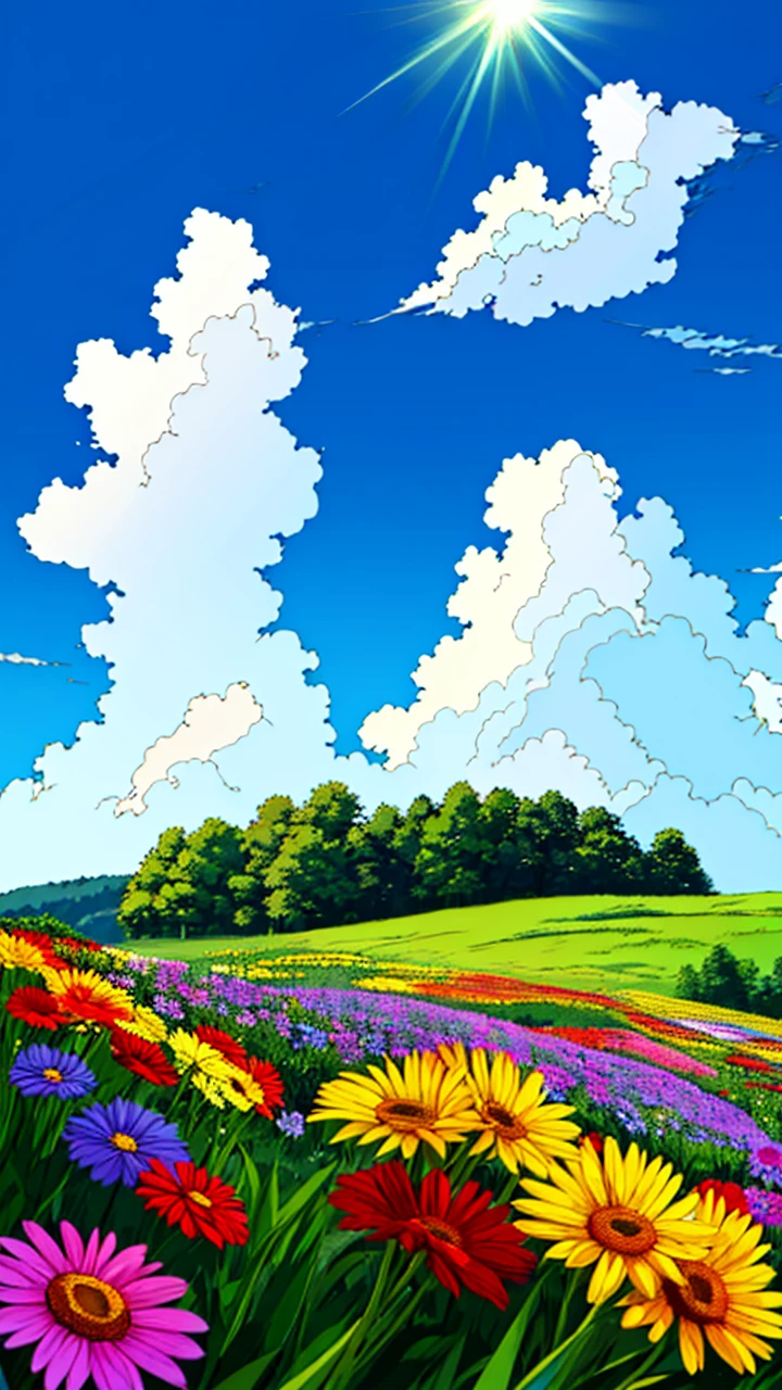HD high definition, high definition, thick meadows, colorful flowers, blue sky, fluffy white clouds and green wood, shimmering in the colors of grass and flowers in the sun, and a house.