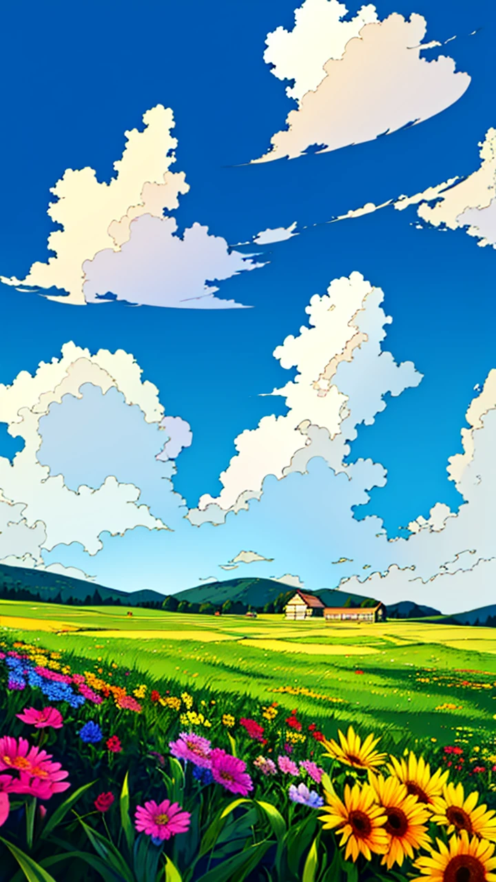 HD high definition, high definition, thick meadows, colorful flowers, blue sky, fluffy white clouds and green wood, shimmering in the colors of grass and flowers in the sun, and a house.  