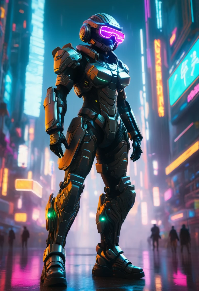 A futuristic soldier, adorned with a sleek helmet and high-tech goggles, stands tall in a cyberpunk world. The intricate details of the armor and the neon lights of the cityscape are rendered in a stunning, cinematic style reminiscent of Beeple's work.