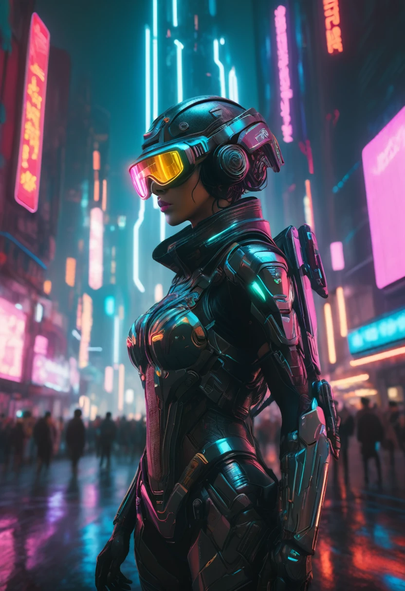 A futuristic soldier, adorned with a sleek helmet and high-tech goggles, stands tall in a cyberpunk world. The intricate details of the armor and the neon lights of the cityscape are rendered in a stunning, cinematic style reminiscent of Beeple's work.