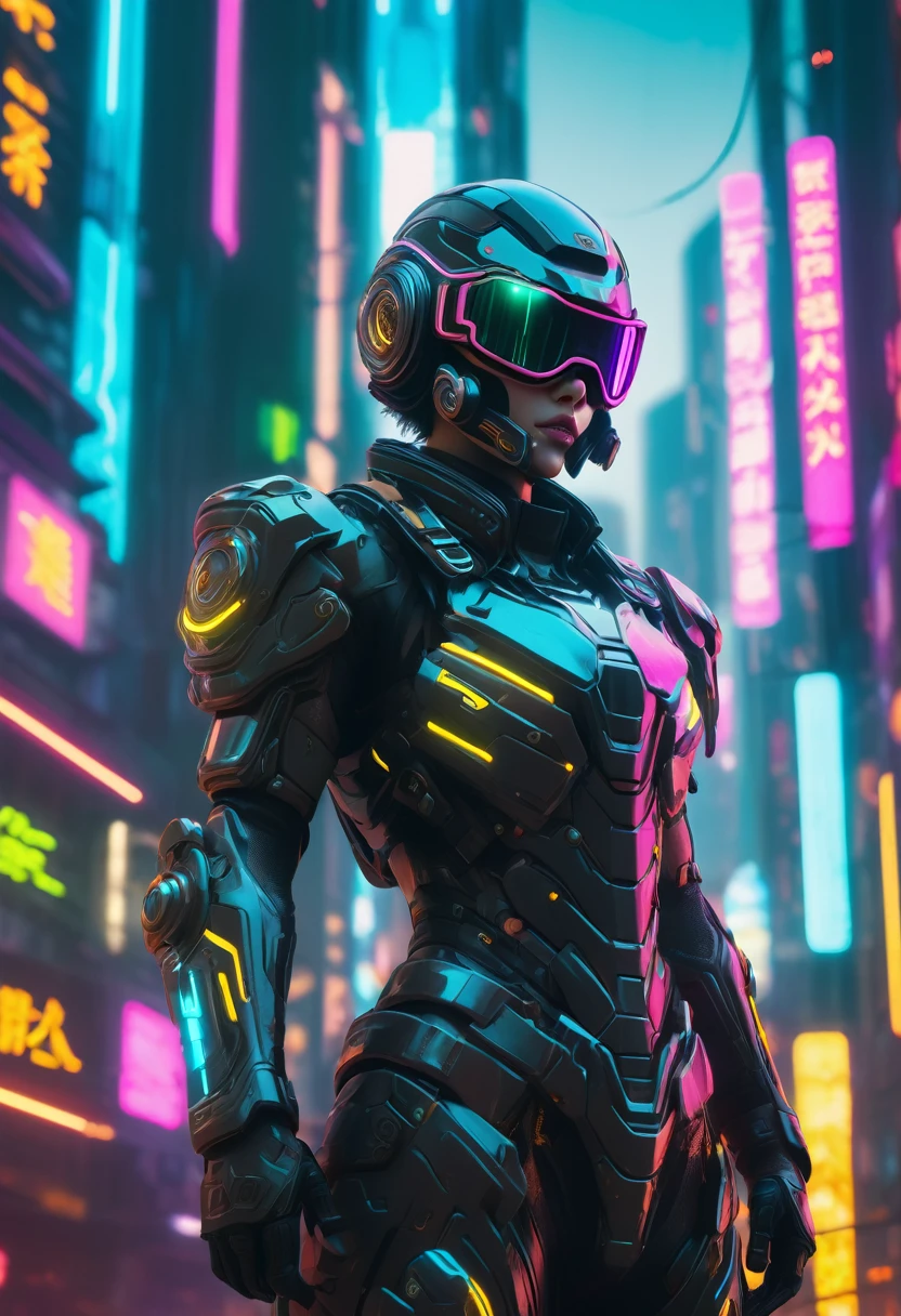 A futuristic soldier, adorned with a sleek helmet and high-tech goggles, stands tall in a cyberpunk world. The intricate details of the armor and the neon lights of the cityscape are rendered in a stunning, cinematic style reminiscent of Beeple's work.