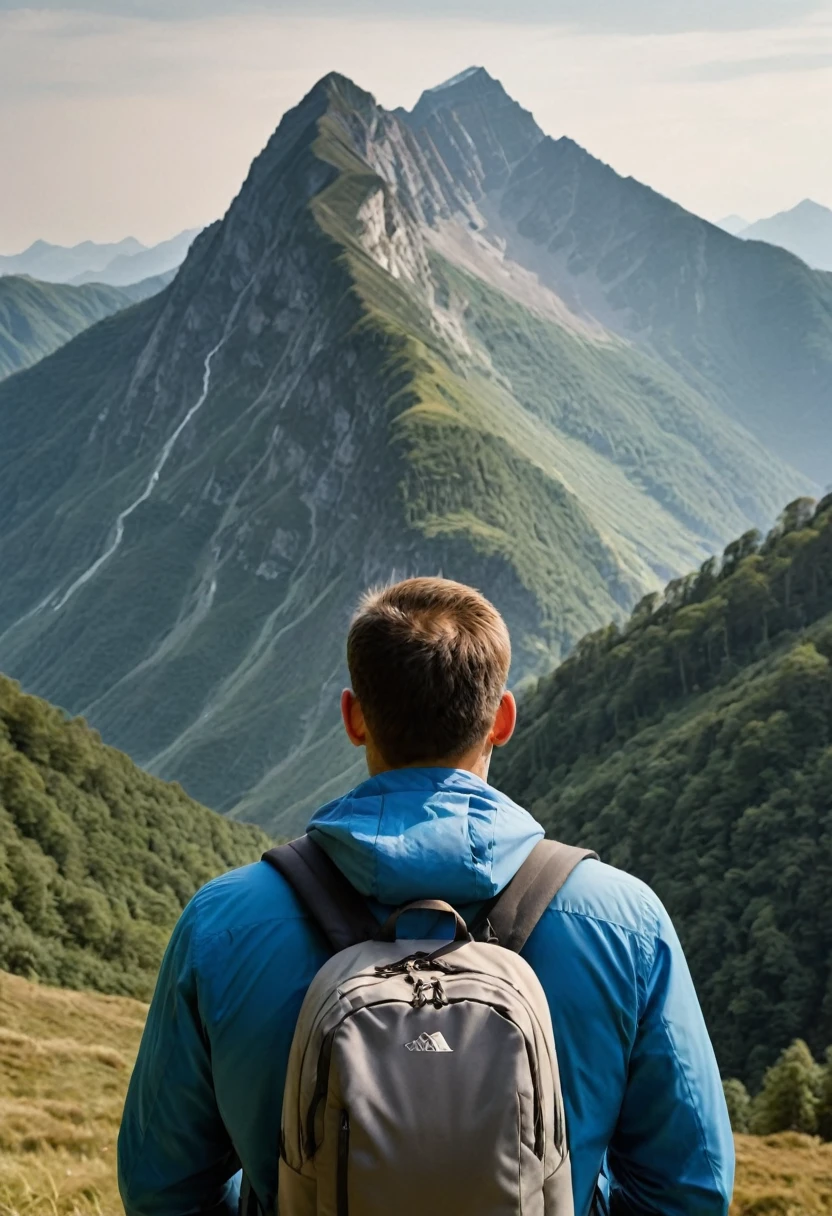 man seen from behind facing an ultra realistic mountain