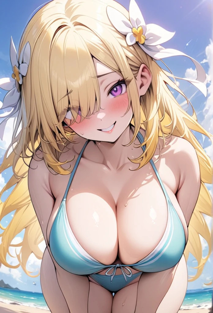 ((Best Quality)), ((Masterpiece)), (detailed), 1 girl, Pastel yellow hair, long hair, hair covers one eye, purple eyes, big breasts, big thighs, expression smiling shy, Swimsuit, in a beach