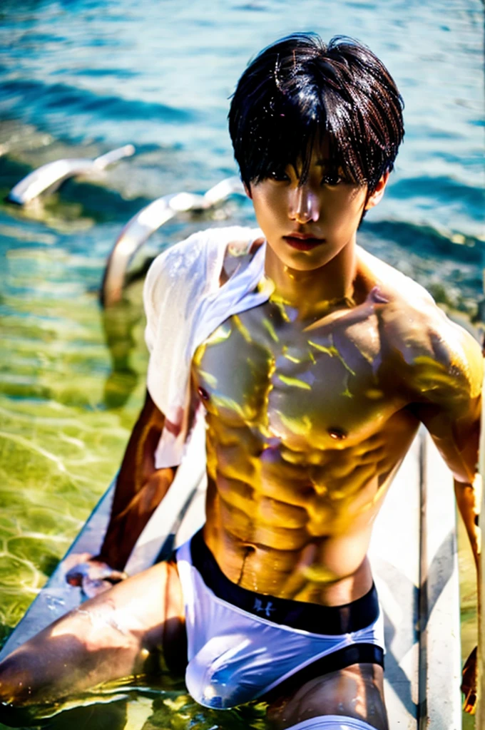 1 person, 18 year old muscular man, korean, topless, very wet body, wearing white jockstrap or thong, sexy, soft light, Masterpiece, best quality, photo realistic, in water.