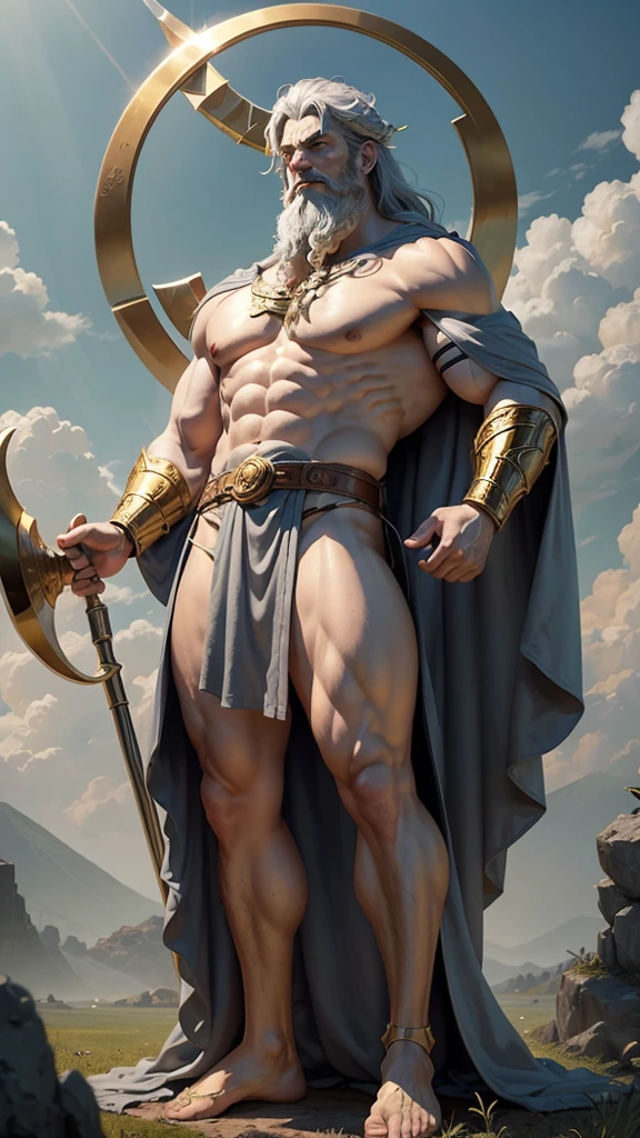 a giant adult male figure, Cronus the Titan god of time, holding a sharp metal scythe, with disheveled gray hair and a long gray beard, wearing a dark long robe with a golden belt and armbands, standing in a lush green field, greek mythology, the greek mythological figure Cronus