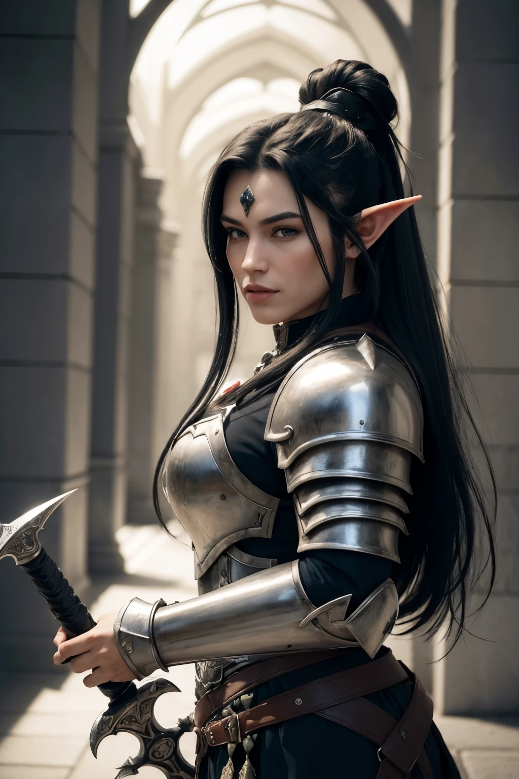 ((best qualityer)), ((work of art)), (detailded), A half-elf, half-orc male with heavy armor and a long two-handed sword, long black hair tied in a low bun