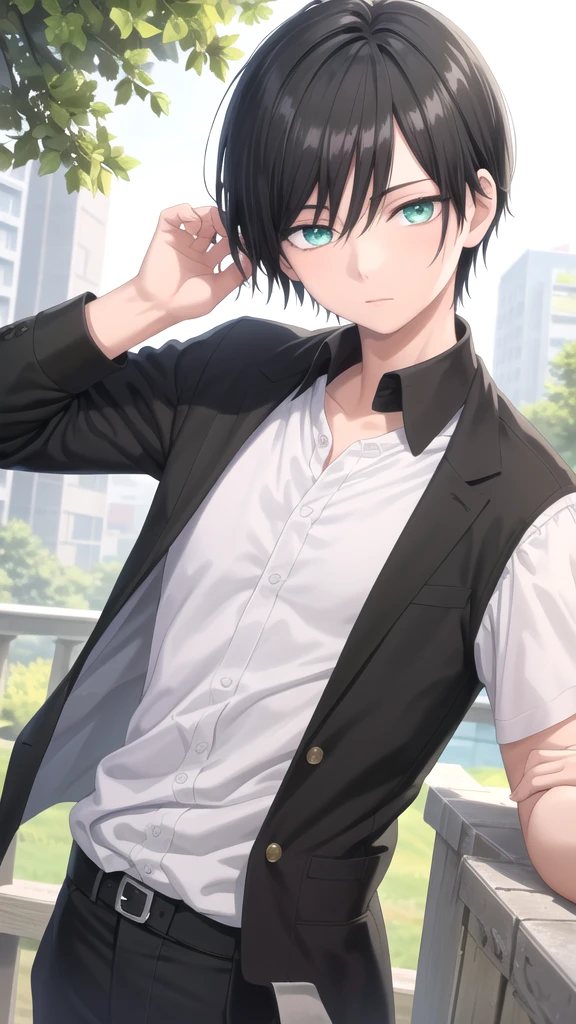 masterpiece, best quality, high quality, 1boy, solo, 14-year-old boy,male focus, looking at viewer , black hair, old-school swoop haircut,upper body , emerald eyes,