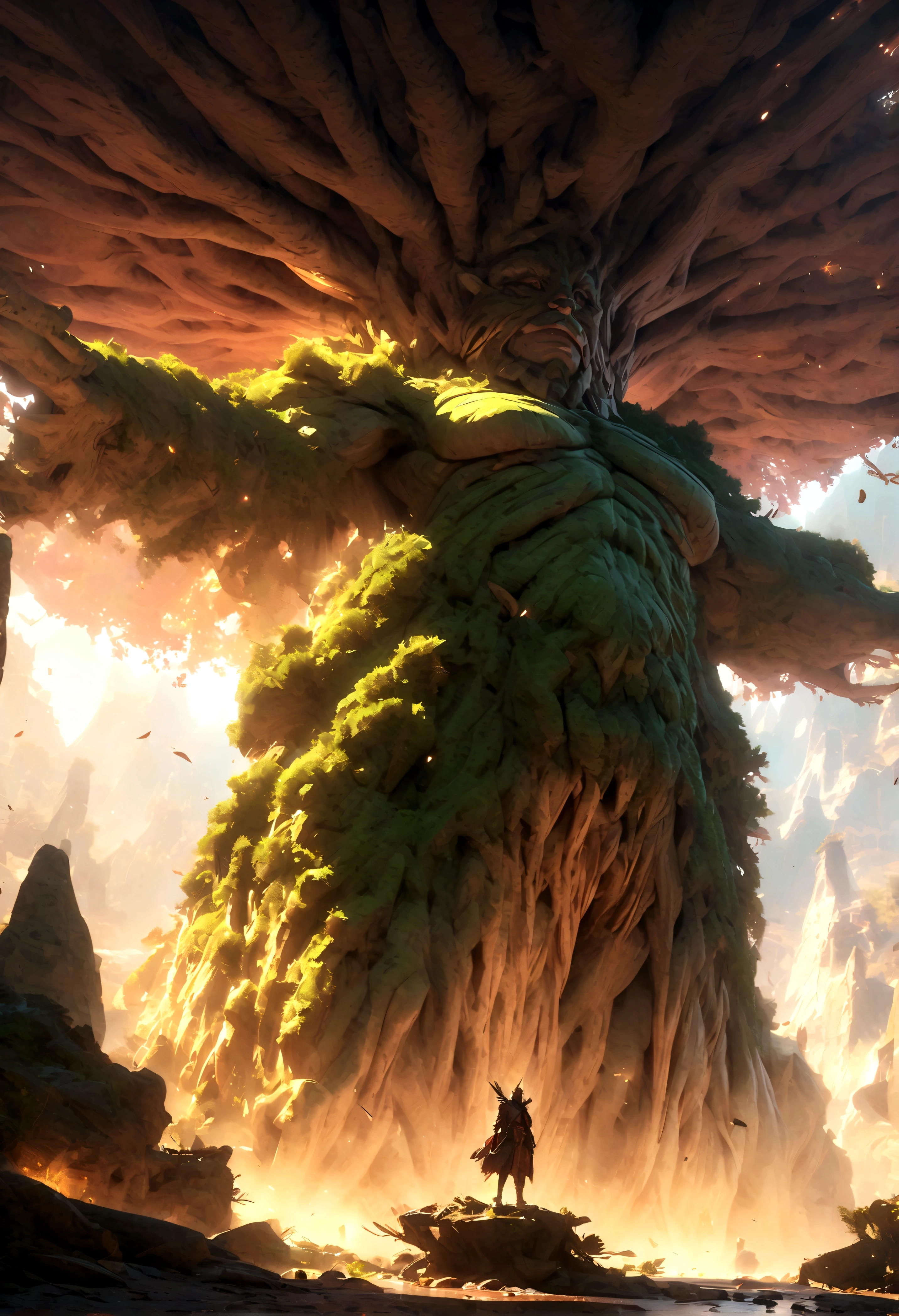 full body,Giant Tree Man, Tree Man, Guardian, tall and strong, with a sturdy body and wooden horns,
3drender,ZBrush, cute animestyle, OctaneRender，
bright light,intricate ornateanime cgi style,full body，
8K,best 6 quality --niji 5 --style expressive --ar 9:16 --s 750