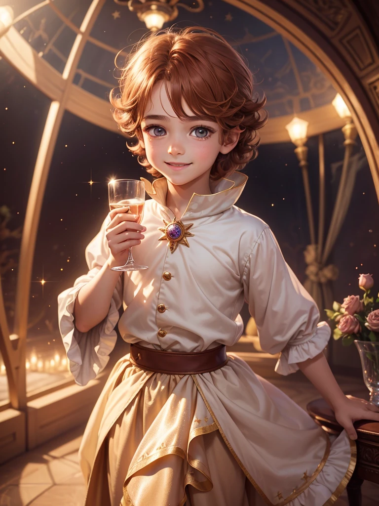 Best picture quality, fairy tale world, 5 year old star prince, holding a glass dome with a single rose in his hand with great care, detailed eyes, long eyelashes, happy smile, great smile, very pretty boy, amazingly very large round shining eyes, chestnut hair, desert background,