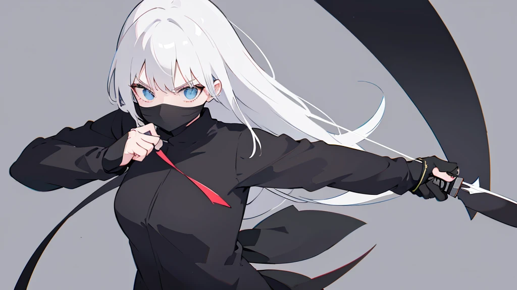A girl dressed in black ninja clothing stands,cool,style,Holding a knife in one hand,Gray background