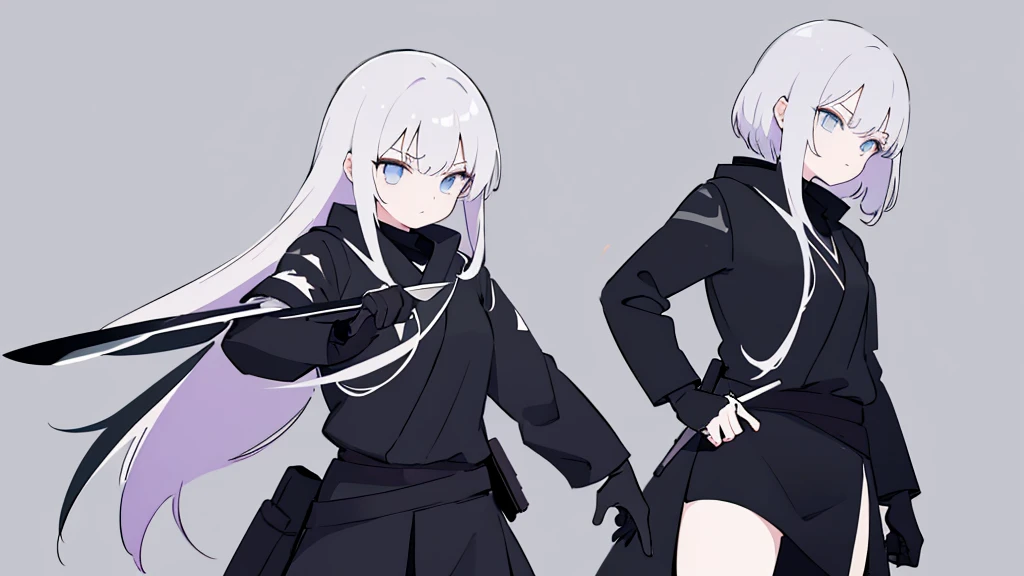 A girl dressed in black ninja clothing stands,cool,style,Holding a knife in one hand,Gray background