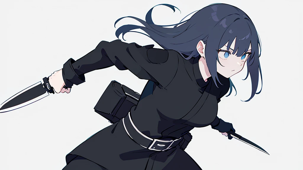 A girl dressed in black ninja clothing stands,cool,style,Holding a knife in one hand,Gray background