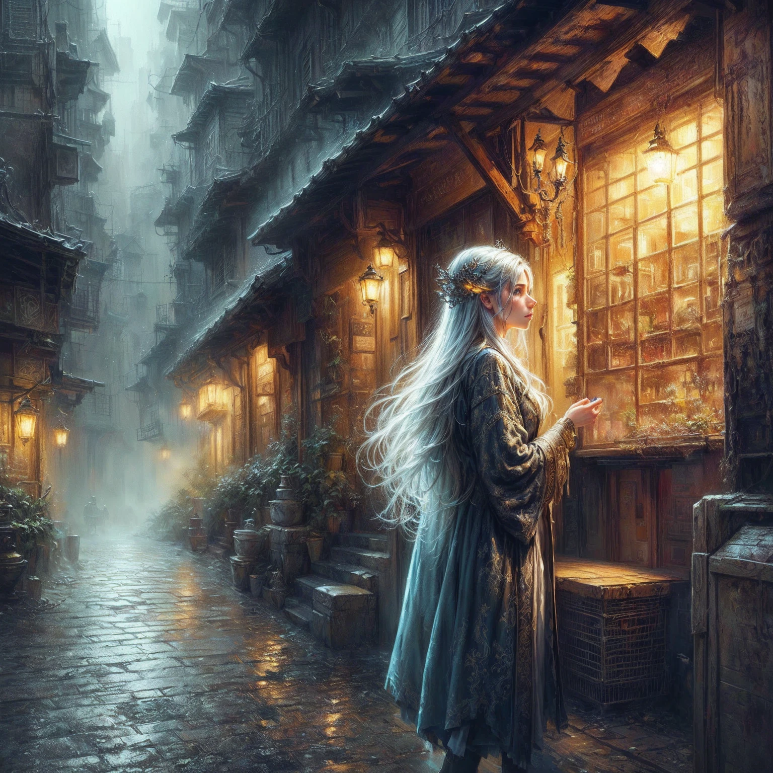 Painting of a woman in a long coat, which stands on a street, moody misty fantasy art, elegant cinematic fantasy art, Realistic fantasy artwork, Andreas Rocha Stil, realistic fantasy painting, hyper-realistic fantasy art, 2. 5d CGI Anime Fantasy Artwork, stylized urban fantasy artwork, digital Fantasiemalerei, realistic fantasy illustration, detailed fantasy digital art, Cinematic fantasy painting