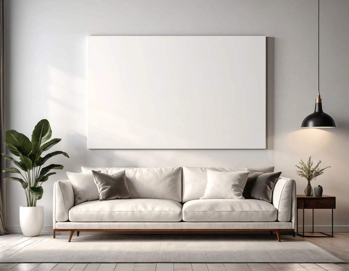 realistic photorealistic empty white canvas (5:4) on top of modern sofa, detailed modern living room interior, professional photography, studio lighting, award winning, artistic, unique