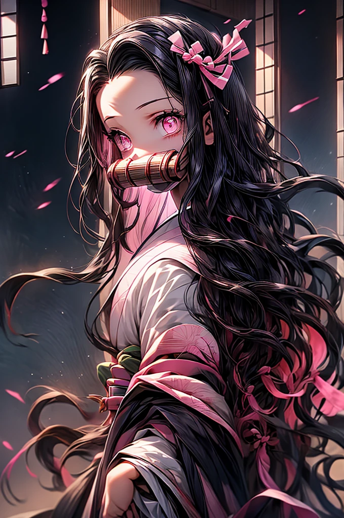 nezukokamado, nezuko kamado, bamboo, (bit gag:1.5), black hair, (forehead:1.5), gag, gagged, hair ribbon, long hair, multicolored hair, (pink eyes:1.5), orange hair, slit pupils, wavy hair, two-tone hair, BREAK asa no ha (pattern), checkered sash, haori, japanese clothes, kimono, long sleeves, obi, pink kimono, sash, wariza, wide sleeves, BREAK looking at viewer, BREAK indoors, BREAK (masterpiece:1.2), best quality, high resolution, unity 8k wallpaper, (illustration:0.8), (beautiful detailed eyes:1.6), extremely detailed face, perfect lighting, extremely detailed CG, (perfect hands, perfect anatomy),