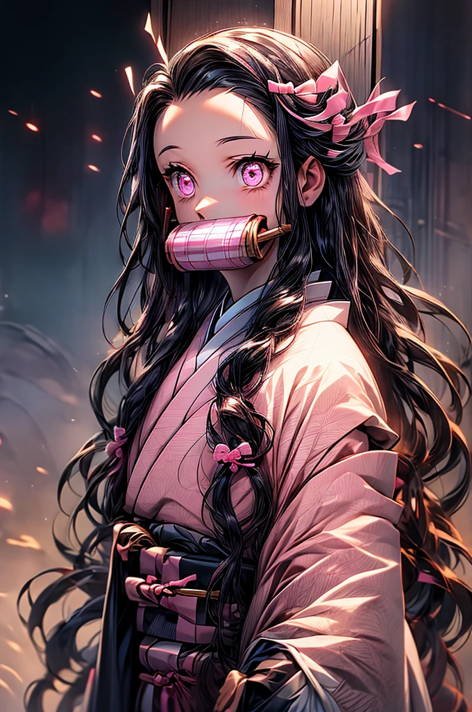 nezukokamado, nezuko kamado, bamboo, (bit gag:1.5), black hair, (forehead:1.5), gag, gagged, hair ribbon, long hair, multicolored hair, (pink eyes:1.5), orange hair, slit pupils, wavy hair, two-tone hair, BREAK asa no ha (pattern), checkered sash, haori, japanese clothes, kimono, long sleeves, obi, pink kimono, sash, wariza, wide sleeves, BREAK looking at viewer, BREAK indoors, BREAK (masterpiece:1.2), best quality, high resolution, unity 8k wallpaper, (illustration:0.8), (beautiful detailed eyes:1.6), extremely detailed face, perfect lighting, extremely detailed CG, (perfect hands, perfect anatomy),