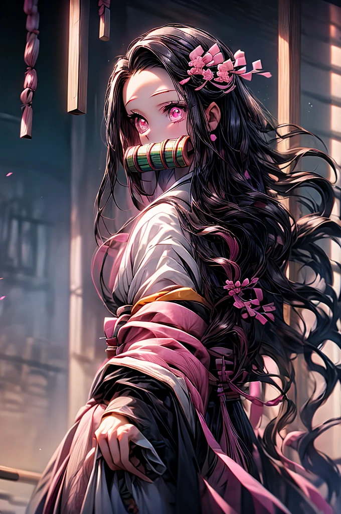 nezukokamado, nezuko kamado, bamboo, (bit gag:1.5), black hair, (forehead:1.5), gag, gagged, hair ribbon, long hair, multicolored hair, (pink eyes:1.5), orange hair, slit pupils, wavy hair, two-tone hair, BREAK asa no ha (pattern), checkered sash, haori, japanese clothes, kimono, long sleeves, obi, pink kimono, sash, wariza, wide sleeves, BREAK looking at viewer, BREAK indoors, BREAK (masterpiece:1.2), best quality, high resolution, unity 8k wallpaper, (illustration:0.8), (beautiful detailed eyes:1.6), extremely detailed face, perfect lighting, extremely detailed CG, (perfect hands, perfect anatomy),