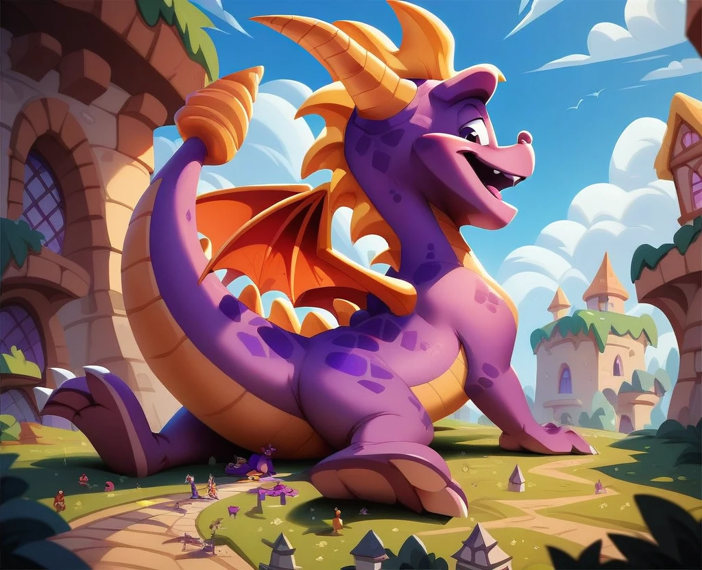 Spyro, macro, open mouth, full body, sitting on floor, back, ((thick tail bottom)), long tail, 