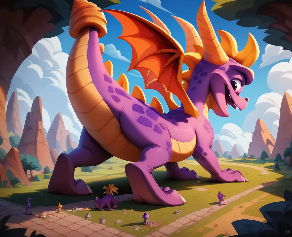 Spyro, macro, open mouth, full body, sitting on floor, back, ((thick tail bottom)), long tail,