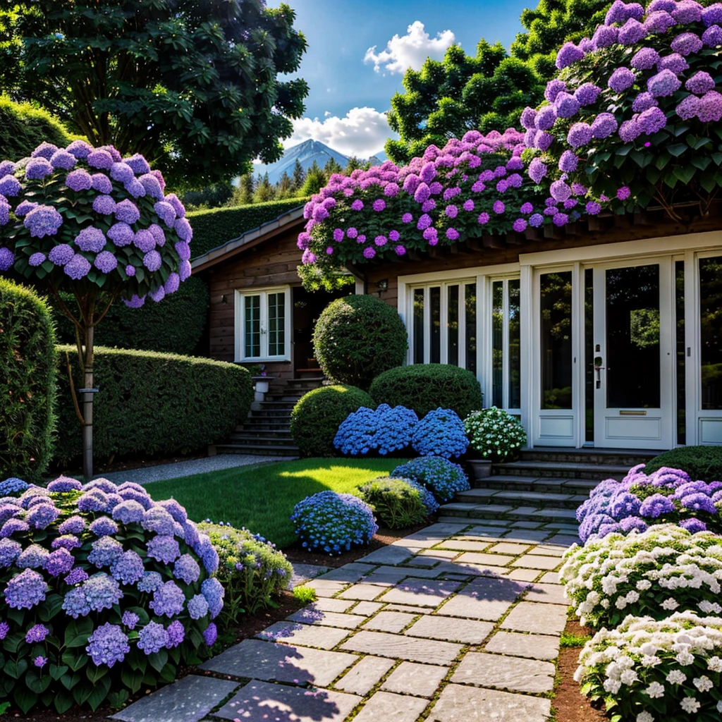 (ultra high res,photorealistic,best quality,photo-realistic),(8k,raw photo,best quality,masterplece),(photon mapping,radiosity,physically-based rendering,automatic white balance),real person,photograph,bridge, building, bush, city, cloud, day, door, fence, field,orest, garden, grass, house, hydrangea, mountain, nature, no_humans, outdoors, path, plant, potted_plant, purple_flower, road, scenery, sky, skyscraper, traditional_media, tree,