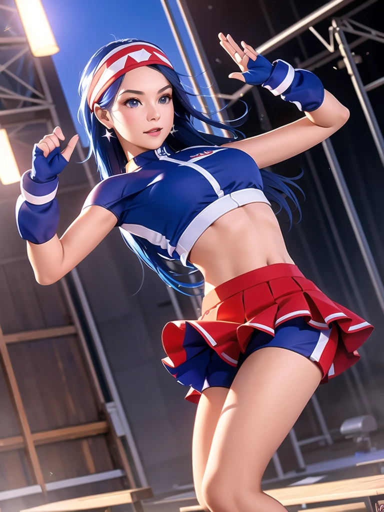 20-year-old woman, alone, alone, athletic, sexy body, wears a red cheerleader skirt and a blue shorts under the skirt, wears a red and blue top, wears blue exercise gloves that cover almost her entire forearm, headband on his head with a star, long blue hair loose, wearing blue sports sneakers, looking at the viewer very happy, cinematic, ultra-sharp focus, award-winning photography, perfect contrast, high sharpness, depth of field. ultra detailed photography, global illumination, fluid, ultra high definition, 8k, Unreal Engine 5, ultra sharp focus, award winning photography, art season trends,
