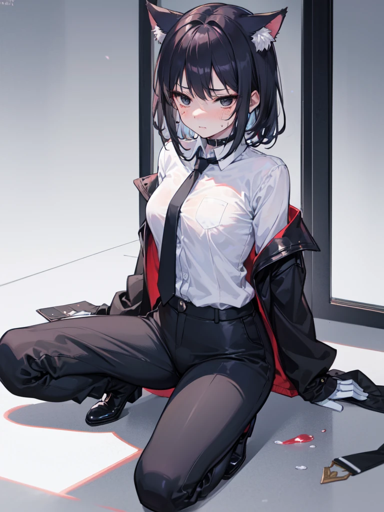 18-year-old girl，cute，Wear a white long-sleeved shirt and a black work tie，Wear black trousers，Wear black booties，Wear white gloves，wear cat ear，Wearing a collar，Black hair，Black eyes，Very thin waist，Very thin legs，Handsome，Disdainful and cold expression，shy，blush，scared，Sweating，tired，Outflow semen，Is giving sexual assault，Glove removal action，pornography