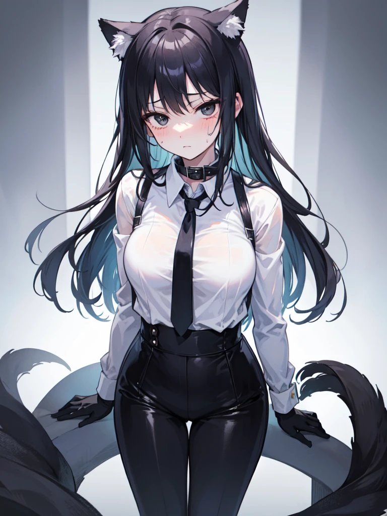 18-year-old girl，cute，Wear a white long-sleeved shirt and a black work tie，Wear black trousers，Wear black booties，Wear white gloves，wear cat ear，Wearing a collar，Black hair，Black eyes，Very thin waist，Very thin legs，Handsome，Disdainful and cold expression，shy，blush，scared，Sweating，tired，Outflow semen，Is giving sexual assault，Glove removal action，pornography