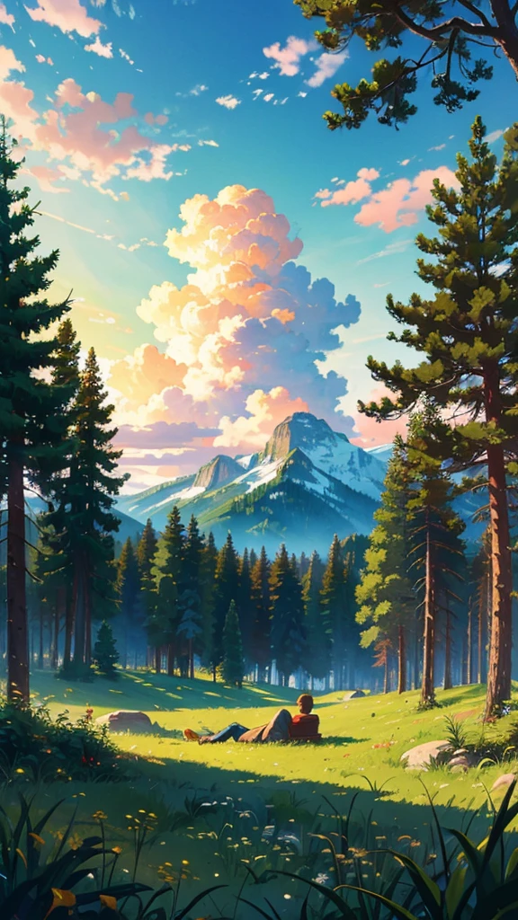 A young men sleeping on the ground while looking at the cloud,
BREAK (masterpiece, best quality:1.2), outdoors, nature, forest, pines, grass, tall grass, detailed grass, plants, day, clouds,, long wide shot 

