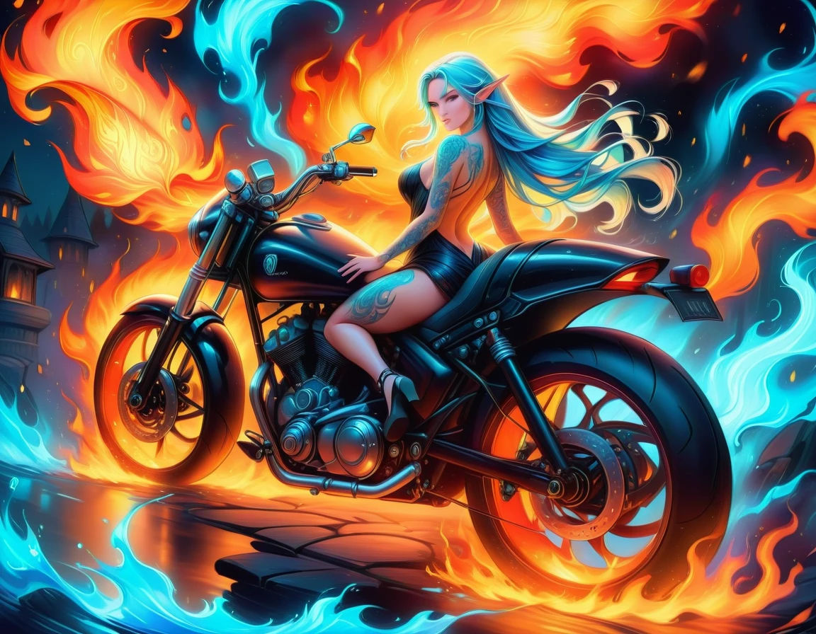 Arafed, Dark fantasy art, fantasy art, goth art, a picture of a of a tattooed female elf near her motorcycle (masterwork, best detailed, ultra detail: 1.5) the tattoo is vivid, intricate detailed coming to life from the ink to real life, GlowingRunesAI_paleblue, ((fire surrounds the motorcycle: 1.5)), ultra feminine, ((beautiful delicate face)), Ultra Detailed Face, small pointed ears, dynamic angle, ((the back is visible: 1.3), she wears a transparent black dress, the dress is elegant, flowing, elven style, that the tattoos glow, dynamic hair color, dynamic hair style, high details, best quality, 16k, [ultra detailed], masterpiece, best quality, (extremely detailed), dynamic angle, full body shot, faize, drkfntasy, Digital Painting