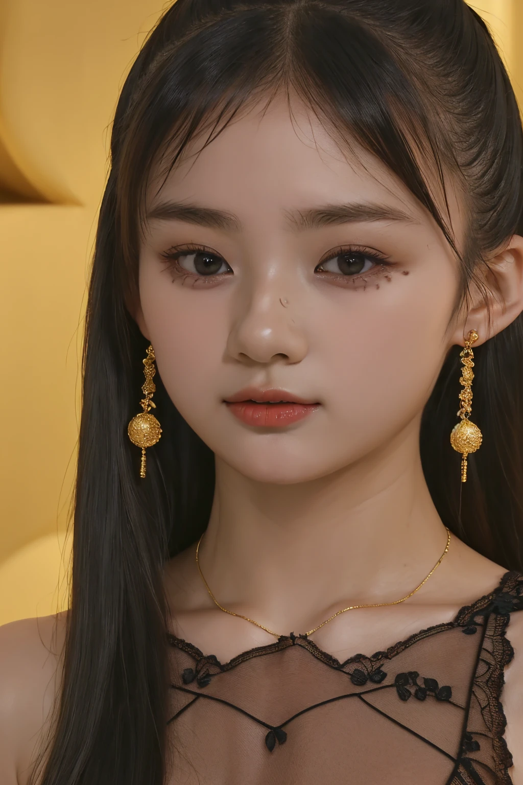 ((((upper body shot)))),(((nude))),(((nipples))),(((sagging breasts))),Ultra-high resolution,big eyes,Japanese,(forehead),(a girl),(1 girl),((baby face)),((lolita)),((12 years old)),((cute)),pretty,earring,((facing at viewer)),necklace,((long hair)),(gold hair accessories),((((black body lace))))
