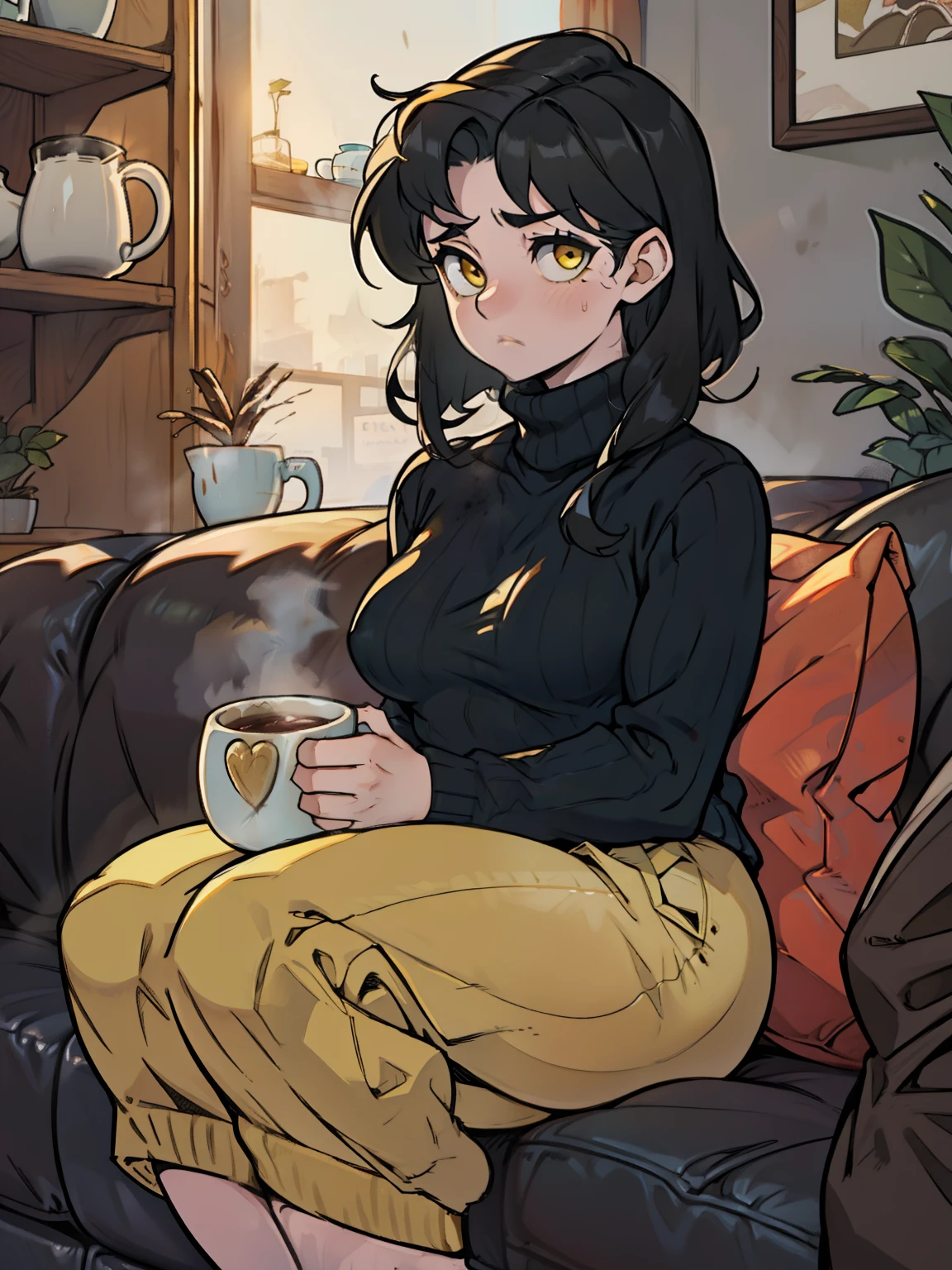 girl muscular girl breasts breasts breasts pale skin black hair yellow eyes baggy sweater sitting on couch with a mug of hot cocoa